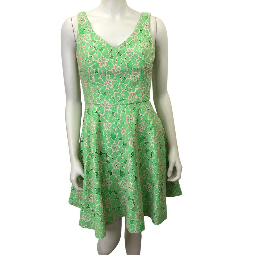 Lilly Pulitzer Freja New Green Pique Two Tone Lace Fit‎ Flare Dress 4